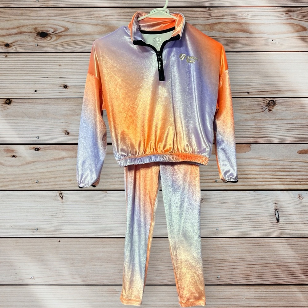 Justice Sport Girls Outfit Set Velour Purple Orange Pullover Shirt Leggings